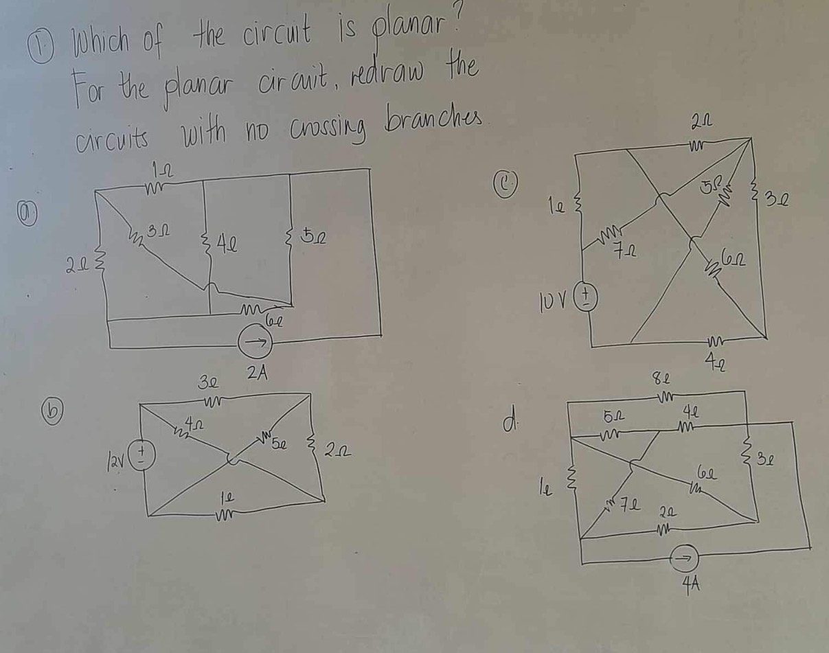 ① Which of the circuit is planar? 
For the planar aircuit, redvaw the 
circuits with no crossing branches 
( 
①
32
2A 
⑥
42
3. 
d. 
Se 2n
12
w