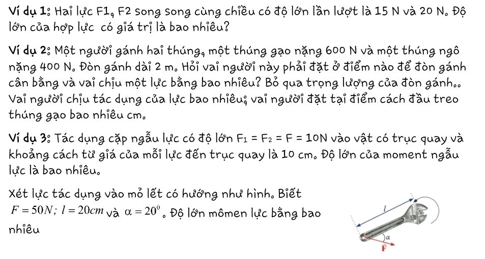 Ví dụ 1: Hai lực F1, F2 song song cùng chiều có độ lớn lần lượt là 15 N và 20 N. Độ 
lớn của hợp lực có giá trị là bao nhiêu? 
Ví dụ 2: Một người gánh hai thúng, một thúng gạo nặng 600 N và một thúng ngô 
nặng 400 N. Đòn gánh dài 2 m. Hỏi vai người này phải đặt ở điểm nào để đòn gánh 
cân bằng và vai chịu một lực bằng bao nhiêu? Bỏ qua trọng lượng của đòn gánh.. 
Vai người chịu tác dụng của lực bao nhiêu; vai người đặt tại điểm cách đầu treo 
thúng gạo bao nhiều cm. 
Ví dụ 3: Tác dụng cặp ngẫu lực có độ lớn F_1=F_2=F=10N vào vật có trục quay và 
khoảng cách từ giá của mỗi lực đến trục quay là 10 cm. Độ lớn của moment ngẫu 
lực là bao nhiêu. 
Xét lực tác dụng vào mỏ lết có hướng như hình. Biết
F=50N; l=20cm và alpha =20° Độ lớn mômen lực bằng bao 
nhiêu