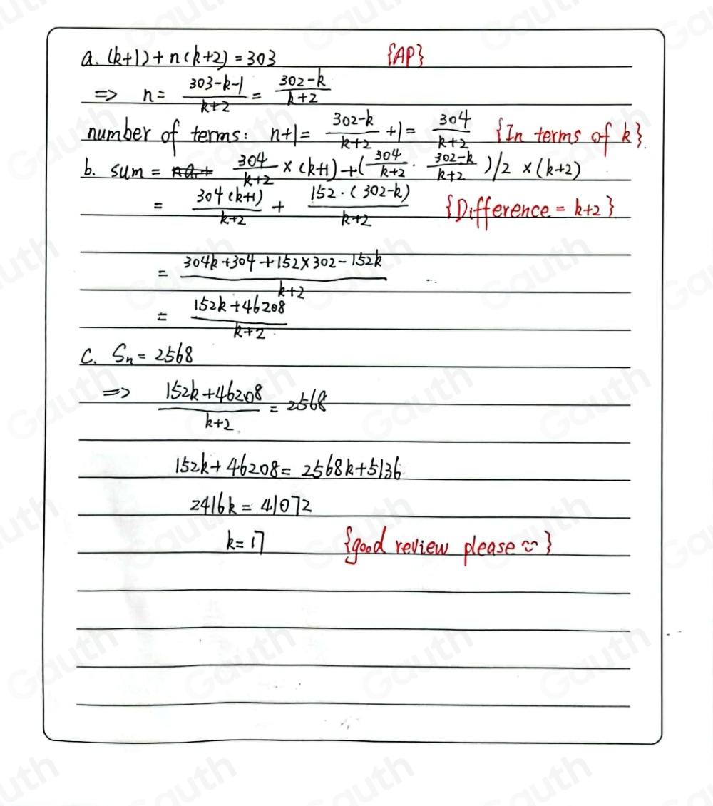 Solved: An arithmetic series is given by (k+1)+(2k+3)+(3k+5)+...+303 a ...