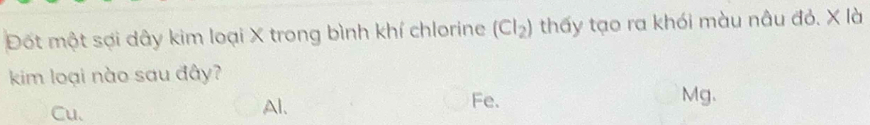 Đốt một sợi dây kim loại X trong bình khí chlorine (Cl_2) thấy tạo ra khói màu nâu đỏ. X là
kim loại nào sau đây?
Cu. Al.
Fe. Mg.