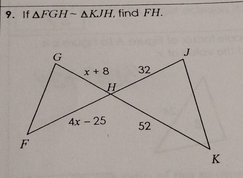 If △ FGHsim △ KJH find FH.