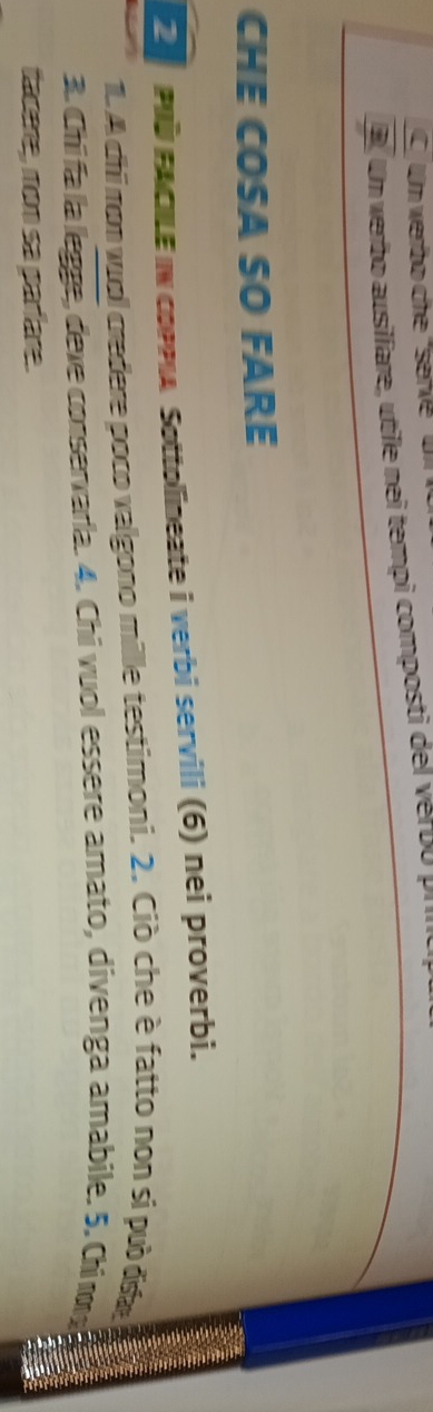 un werbo che "serve" u 
a Um verbo ausilíare, utile nei tempi composti del verbo pi 
CHE COSA SO FARE 
2 PID FACILE IN coPPIA Sottollineate i verbi servili (6) nei proverbi. 
1. A chi mon vual credere poco valgono millle testimoni. 2. Ciò che è fatto non si può đsa 
3. Chi fa la legge, dexe conservarla. 4. Chi vuol essere amato, divenga amabile. 5. Chi n 
tacre, mom sa parfare.