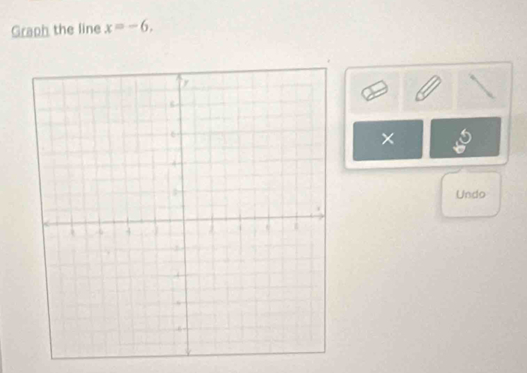 Graph the line x=-6, 
× 
Undo