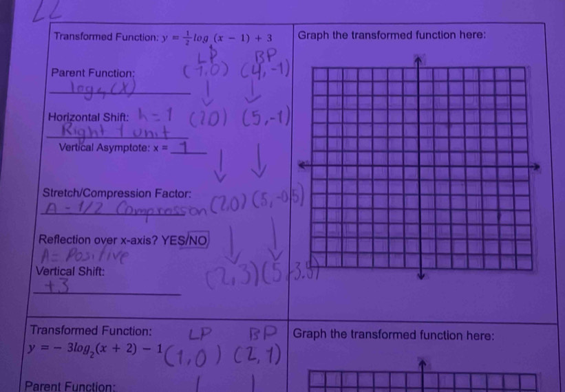 Transformed Function: y= 1/2 log (x-1)+3 Graph the transformed function here: 
Parent Function: 
_ 
Horizontal Shift: 
_ 
Vertical Asymptote: x= _ 
Stretch/Compression Factor: 
_ 
Reflection over x-axis? YES/NO 
Vertical Shift: 
_ 
Transformed Function: Graph the transformed function here:
y=-3log _2(x+2)-1
Parent Function: