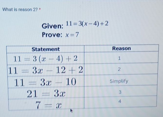 What is reason 2? *
Given: 11=3(x-4)+2
Prove: x=7