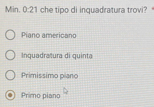 Min. 0:21 che tipo di inquadratura trovi? *
Piano americano
Inquadratura di quinta
Primissimo piano
Primo piano