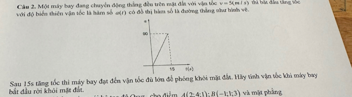 Một máy bay đang chuyển động thẳng đều trên mặt đất với vận tốc v=5(m/s) thì bắt đầu tăng tốc
với độ biến thiên vận tốc là hàm số a(t) có đồ thị hàm số là đường thẳng như hình vẽ.
Sau 15s tăng tốc thì máy bay đạt đến vận tốc đủ lớn để phóng khỏi mặt đất. Hãy tính vận tốc khi máy bay
bắt đầu rời khỏi mặt đất.
cho điểm A(2:4:1):B(-1;1;3) và mặt phằng