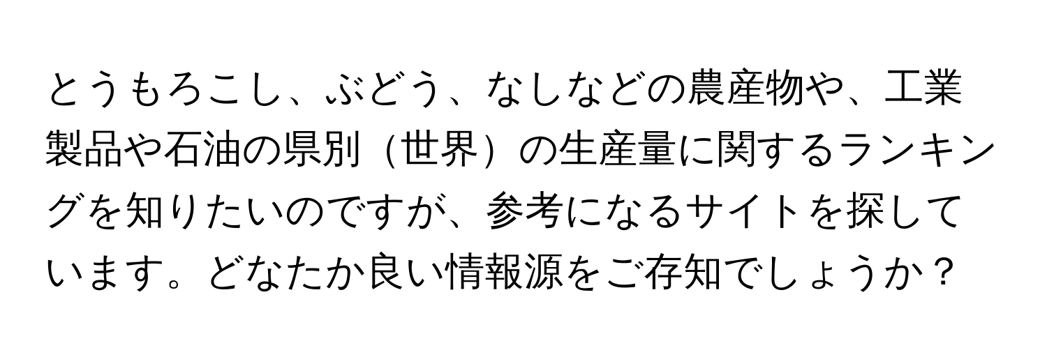 とうもろこし、ぶどう、なしなどの農産物や、工業製品や石油の県別世界の生産量に関するランキングを知りたいのですが、参考になるサイトを探しています。どなたか良い情報源をご存知でしょうか？
