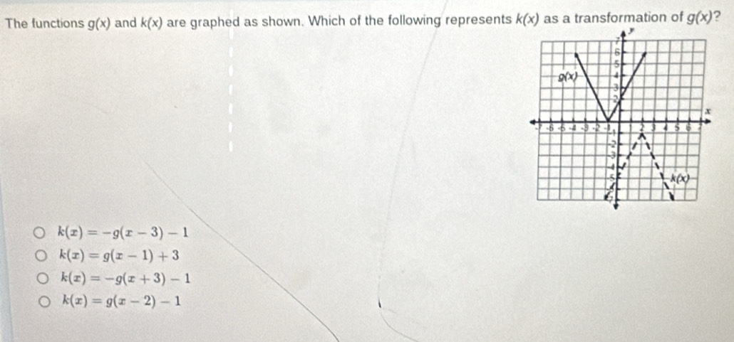 The functions g(x) and k(x) are graphed as shown. Which of the following represents k(x) as a transformation of g(x) ?
k(x)=-g(x-3)-1
k(x)=g(x-1)+3
k(x)=-g(x+3)-1
k(x)=g(x-2)-1