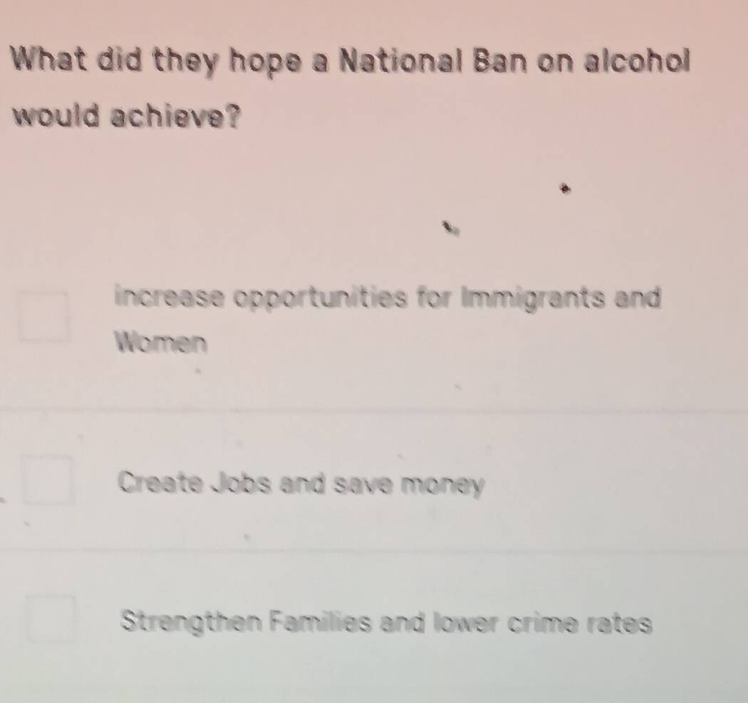 What did they hope a National Ban on alcohol
would achieve?
increase opportunities for Immigrants and
Women
Create Jobs and save money
Strengthen Families and lower crime rates