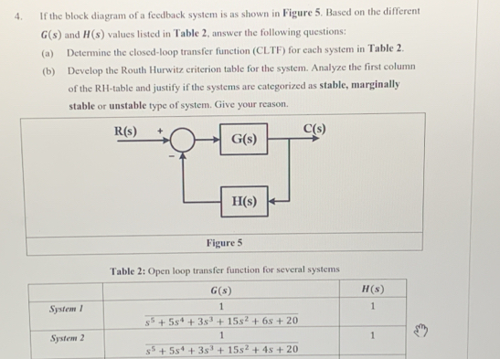 If the block diagram of a feedback system is as shown in Figure 5. Based on the different
G(s) and H(s) values listed in Table 2, answer the following questions:
(a) Determine the closed-loop transfer function (CLTF) for each system in Table 2.
(b) Develop the Routh Hurwitz criterion table for the system. Analyze the first column
of the RH-table and justify if the systems are categorized as stable, marginally
stable or unstable type of system. Give your reason.
Figure 5
Table 2: Open loop transfer function for several systems
G(s)
H(s)
System 1
1
1
s^5+5s^4+3s^3+15s^2+6s+20
System 2 1
1
s^5+5s^4+3s^3+15s^2+4s+20