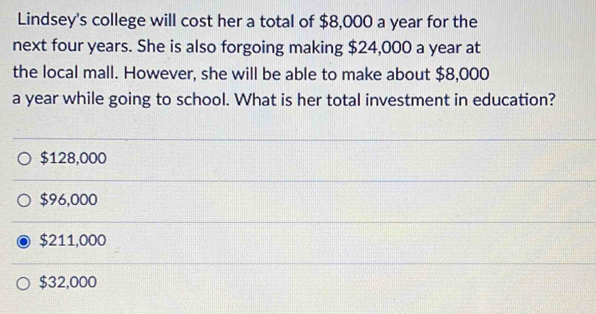 Lindsey's college will cost her a total of $8,000 a year for the
next four years. She is also forgoing making $24,000 a year at
the local mall. However, she will be able to make about $8,000
a year while going to school. What is her total investment in education?
$128,000
$96,000
$211,000
$32,000