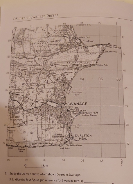 2
8
81
1
80
80
79
79
78
78
*
77
71
L 
0 
3. Study the OS map above which shows Dorset in Swanage. 
3.1. Give the four figure grid reference for Swanage Bay (1)_