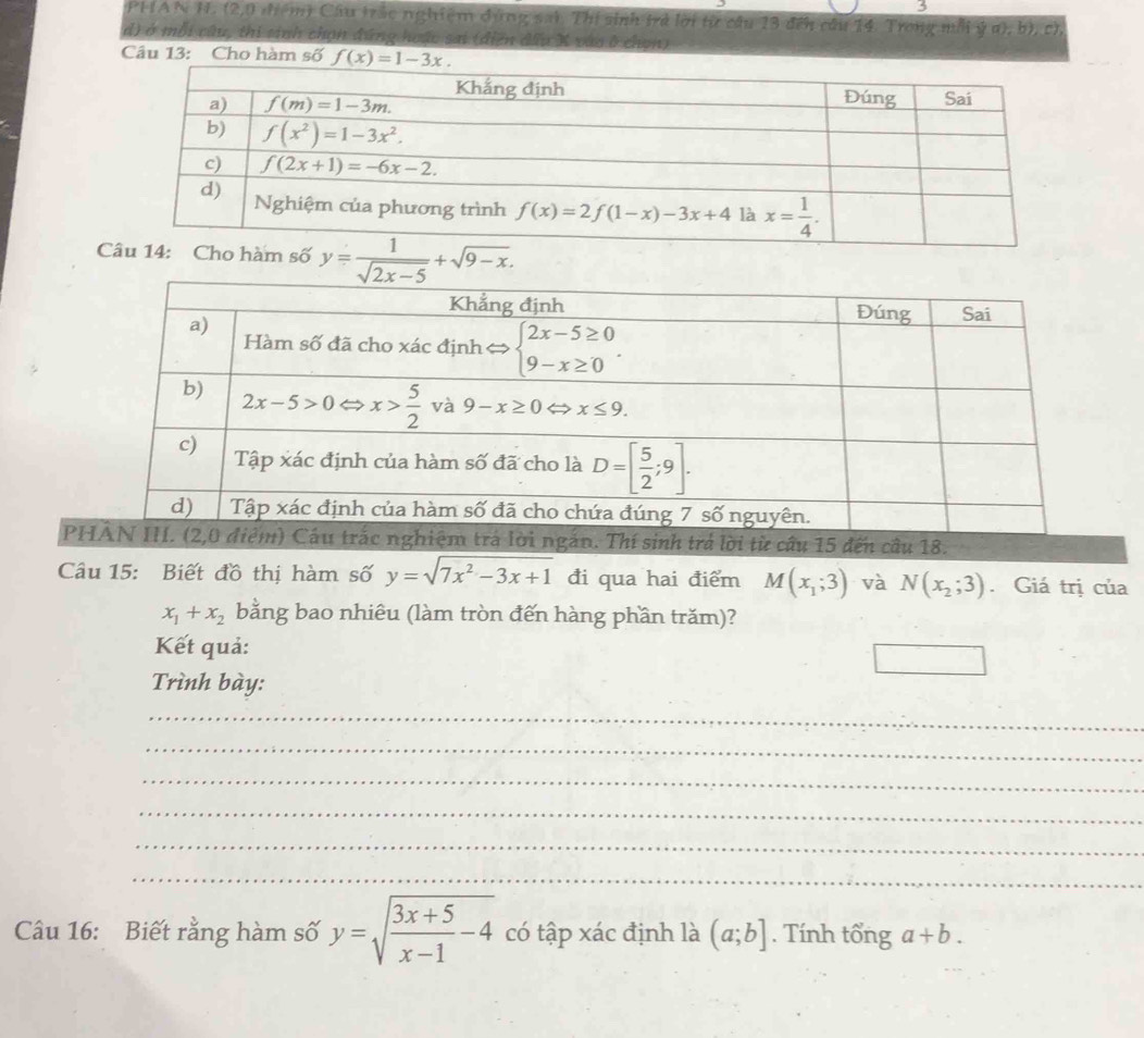 5
(2,0 điểm) Cầu trắc nghiệm đứng sai. Thí sinh trả lời từ câu 13 đến câu 14. Trong mỗi ý a), b), ch
d) ở mỗi câu, thi sinh chọn đứng hoác sai (điễn đấu X vào ở chọn)
Câu 13: Cho hàm số f(x)=1-3x.
y= 1/sqrt(2x-5) +sqrt(9-x).
P từ cầu 15 đến cầu 18.
Câu 15: Biết đồ thị hàm số y=sqrt(7x^2-3x+1) đi qua hai điểm M(x_1;3) và N(x_2;3). Giá trị của
x_1+x_2 bằng bao nhiêu (làm tròn đến hàng phần trăm)?
Kết quả:
□
Trình bày:
_
_
_
_
_
_
Câu 16: Biết rằng hàm số y=sqrt(frac 3x+5)x-1-4 có tập xác định là (a;b]. Tính tổng a+b.