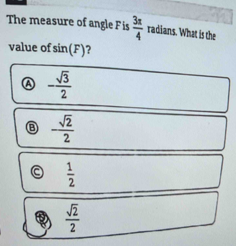 Solved: The measure of angle F is 3π /4 radians. What is the value of ...