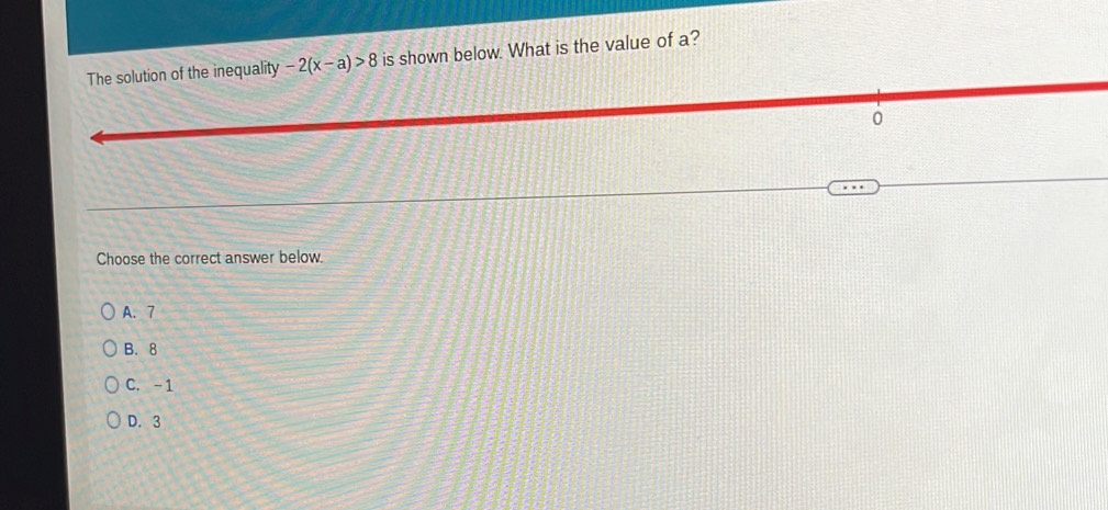 The solution of the inequality -2(x-a)>8 is shown below. What is the value of a?
0
Choose the correct answer below.
A. 7
B. 8
C. -1
D. 3