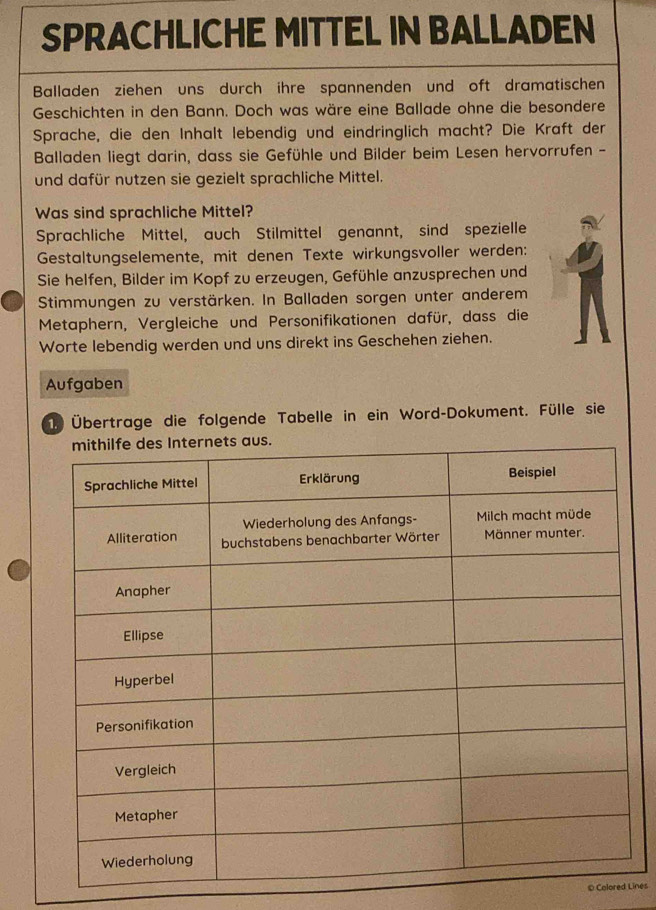 SPRACHLICHE MITTEL IN BALLADEN 
Balladen ziehen uns durch ihre spannenden und oft dramatischen 
Geschichten in den Bann. Doch was wäre eine Ballade ohne die besondere 
Sprache, die den Inhalt lebendig und eindringlich macht? Die Kraft der 
Balladen liegt darin, dass sie Gefühle und Bilder beim Lesen hervorrufen - 
und dafür nutzen sie gezielt sprachliche Mittel. 
Was sind sprachliche Mittel? 
Sprachliche Mittel, auch Stilmittel genannt, sind spezielle 
Gestaltungselemente, mit denen Texte wirkungsvoller werden: 
Sie helfen, Bilder im Kopf zu erzeugen, Gefühle anzusprechen und 
Stimmungen zu verstärken. In Balladen sorgen unter anderem 
Metaphern, Vergleiche und Personifikationen dafür, dass die 
Worte lebendig werden und uns direkt ins Geschehen ziehen. 
Aufgaben 
1. Übertrage die folgende Tabelle in ein Word-Dokument. Fülle sie 
© Colored Lines