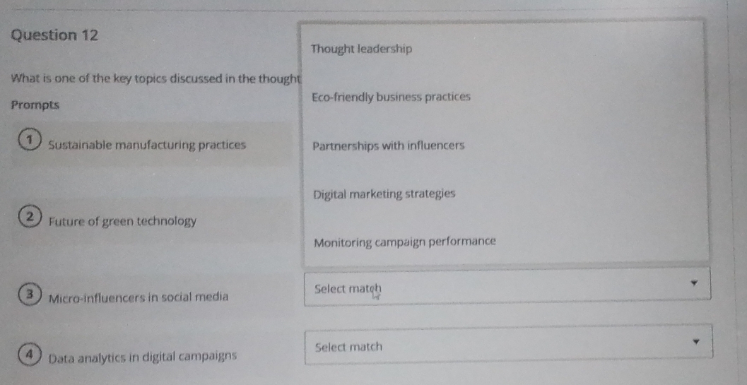 Thought leadership
What is one of the key topics discussed in the thought
Prompts Eco-friendly business practices
① Sustainable manufacturing practices Partnerships with influencers
Digital marketing strategies
Future of green technology
Monitoring campaign performance
3 Micro-influencers in social media
Select match
④ Data analytics in digital campaigns
Select match