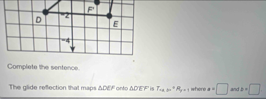 Complete the sentence.
The glide reflection that maps △ DEF onto △ D'E'F' is T_^circ R_y=1 where a=□ and b=□ .