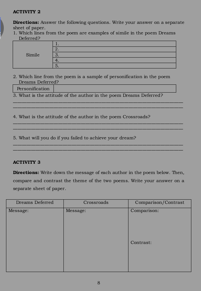 ACTIVITY 2 
Directions: Answer the following questions. Write your answer on a separate 
sheet of paper. 
1. Which lines from the poem are examples of simile in the poem Dreams 
2. Which line from the poem is a sample of personification in the poem 
Dreams Deferred? 
Personification 
3. What is the attitude of the author in the poem Dreams Deferred? 
_ 
_ 
4. What is the attitude of the author in the poem Crossroads? 
_ 
_ 
5. What will you do if you failed to achieve your dream? 
_ 
_ 
ACTIVITY 3 
Directions: Write down the message of each author in the poem below. Then, 
compare and contrast the theme of the two poems. Write your answer on a 
separate sheet of paper. 
8