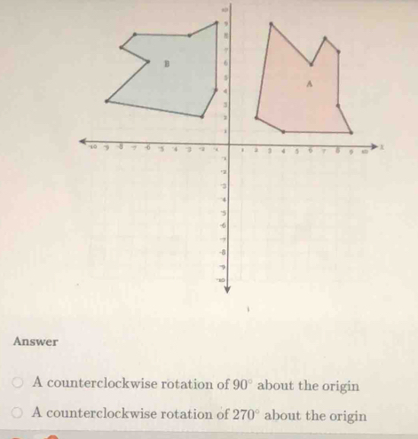 Answer
A counterclockwise rotation of 90° about the origin
A counterclockwise rotation of 270° about the origin