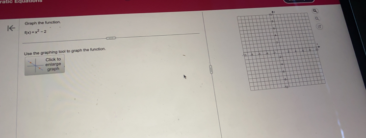 raúc Equations 
Graph the function.
f(x)=x^2-2
Use the graphing tool to graph the function. 
lick to 
nlarge graph