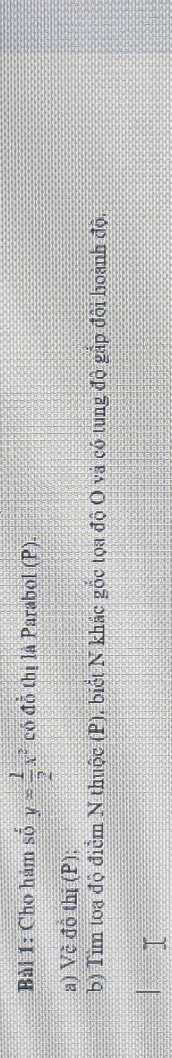 Cho hám số y= 1/2 x^2 có đồ thị là Parabol (P). 
a) Về đồ thị (P); 
b) Tim toa độ điểm N thuộc (P), biết N khác gốc tọa độ O và có tung độ gấp đội hoành độ,