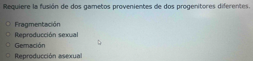 Requiere la fusión de dos gametos provenientes de dos progenitores diferentes.
Fragmentación
Reproducción sexual
Gemación
Reproducción asexual