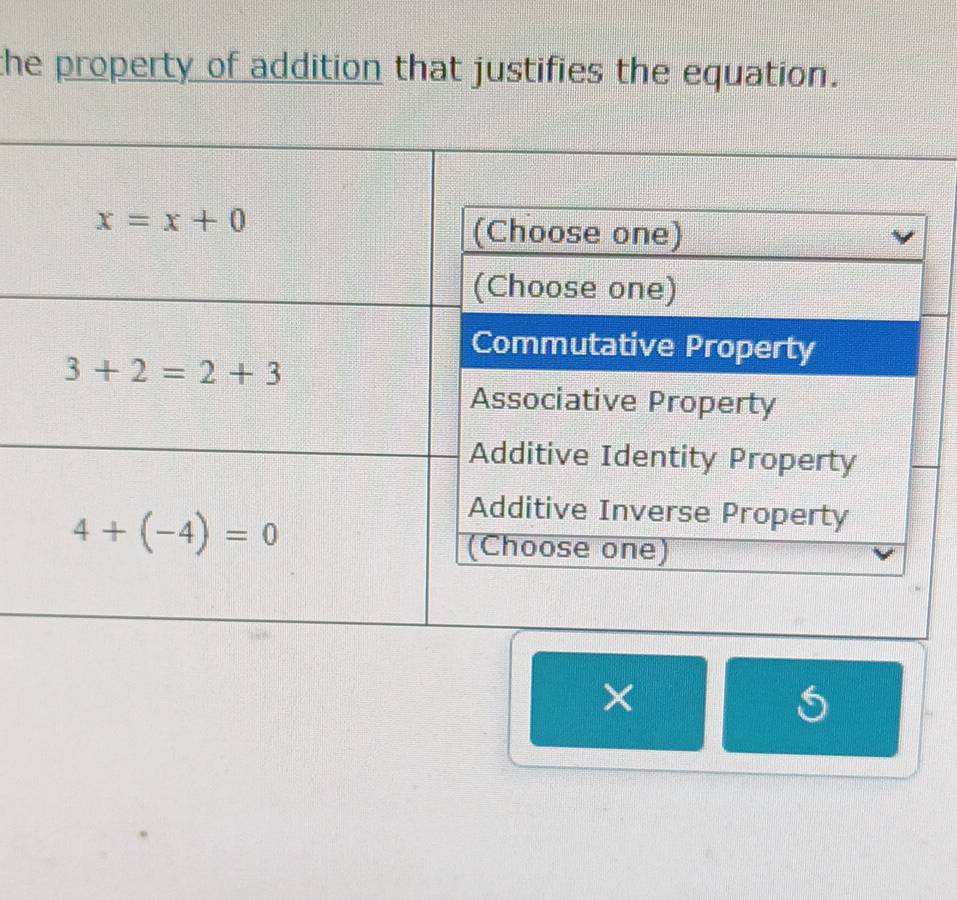 the property of addition that justifies the equation.
×
5