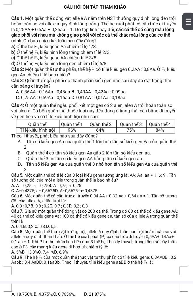 CÂU HỜI ÔN TẠP THAM KHẢO
Câu 1. Một quần thể động vật, allele A nằm trên NST thường quy định lông đen trội
hoàn toàn so với allele a quy định lông trắng. Thế hệ xuất phát có cấu trúc di truyền
là 0,25AA+0,5Aa+0,25aa=1. Do tập tính thay đổi, các cá thể có cùng màu lông
giao phối với nhau mà không giao phối với các cá thể khác màu lông của cơ thể
mình. Có bao nhiêu kết luận sau đây đúng?
a) Ở thế hệ F₁, kiểu gene Aa chiếm tỉ lệ 1/3.
b) Ở thế hệ F₁, kiểu hình lông trắng chiếm tỉ lệ 2/3.
c) Ở thế hệ F₂, kiểu gene AA chiếm tỉ lệ 3/8.
d) Ở thế hệ F₂, kiểu hình lông đen chiếm tỉ lệ 6/8.
Câu 2: Một quần thể tự thụ phấn, thế hệ P có tỉ lệ kiểu gen 0,2AA : 0,8Aa. Ở F₂, kiểu
gen Aa chiếm tỉ lệ bao nhiêu?
Câu 3: Quần thể ngẫu phối có thành phần kiểu gen nào sau đây đã đạt trạng thái
cân bằng di truyền?
A. 0,36AA : 0,16Aa : 0,48aa.B. 0,49AA : 0,42Aa : 0,09aa.
C. 0,25AA : 0,59Aa : 0,16aa.D. 0,81AA : 0,01Aa : 0,18aa.
Câu 4: Ở một quần thể ngẫu phối, xét một gen có 2 alen, alen A trội hoàn toàn so
với alen a. Có bốn quần thể thuộc loài này đều đang ở trạng thái cân bằng di truyền
về gen trên và có tỉ lệ kiểu hình trội như sau:
Theo lí thuyết, phát biểu nào sau đây đúng?
A. Tần số kiểu gen Aa của quần thể 1 lớn hơn tần số kiểu gen Aa của quần thể
2.
B. Quần thế 4 có tần số kiểu gen Aa gấp 2 lần tần số kiểu gen aa.
C. Quần thế 3 có tần số kiểu gen AA bằng tần số kiểu gen aa.
D. Tần số kiểu gen Aa của quần thế 3 nhỏ hơn tần số kiểu gen Aa của quần thế
2.
Câu 5. Một quần thể có tỉ lệ của 3 loại kiểu gene tương ứng là: AA: Aa: aa=1:6:9. Tần
số tương đối của mỗi allele trong quần thể là bao nhiêu?
A. A=0,25;a=0,75B.A=0,75;a=0,25
C. A=0,4375;a=0,5625D.A=0,5625;a=0,4375
Câu 6. Một quần thể có cấu trúc di truyền 0,0 0,04AA+0,32Aa+0,64 aa =1. Tân số tương
đối của allele A. a lần lượt là:
A. 0.3 : 0.7B. 0.8 : 0.2C. 0.7: 0.3 0,2;0,8
Câu 7. Giả sử một quần thể động vật có 200 cá thể. Trong đó 60 cá thể có kiểu gene AA;
40 cá thể có kiểu gene Aa; 100 cá thể có kiểu gene aa, tần số của allele A trong quần thể
trên là
A. 0,4.B. 0,2.C. 0,3.D. 0,5.
Câu 8. Một quần thể thực vật lưỡng bội, allele A quy định thân cao trội hoàn toàn so với
allele a quy định thân thấp. Ở thể hệ xuất phát (P) có cấu trúc di truyền 0,5AA+0,4Aa+
0,1aa=1. Khi P tự thụ phấn liên tiếp qua 3 thế hệ, theo lý thuyết, trong tổng số cây thân
cao ở F3, cây mang kiểu gene dị hợp tử chiếm tỷ lệ:
A. 5%B. 13,3%C. 7,41%D. 6,9%
Câu 9. Thế hệ Fi của một quần thể thực vật tự thụ phấn có tỉ lệ kiểu gene: 0,3AABB : 0,2
Aabb : 0,4 AaBB: 0,1aaBb. Theo lí thuyết, tỉ lệ kiểu gene aaBB ở thế hệ F. là:
A. 18.750% B. 4.375%.C. 0.7656% D. 21,875%.