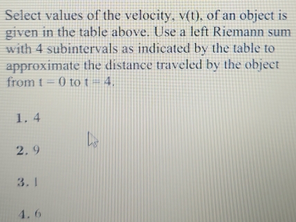 Select values of the velocity, v(t) , of an object is
given in the table above. Use a left Riemann sum
with 4 subintervals as indicated by the table to
approximate the distance traveled by the object
from t=0 to t=4.
1. 4
2.9
3.1
4.6