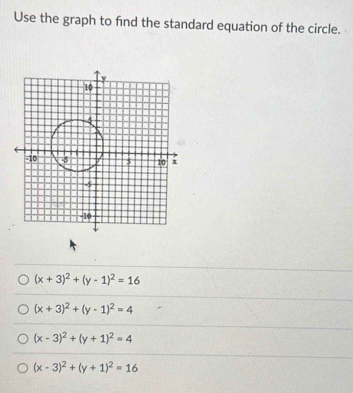 Use the graph to find the standard equation of the circle.
(x+3)^2+(y-1)^2=16
(x+3)^2+(y-1)^2=4
(x-3)^2+(y+1)^2=4
(x-3)^2+(y+1)^2=16