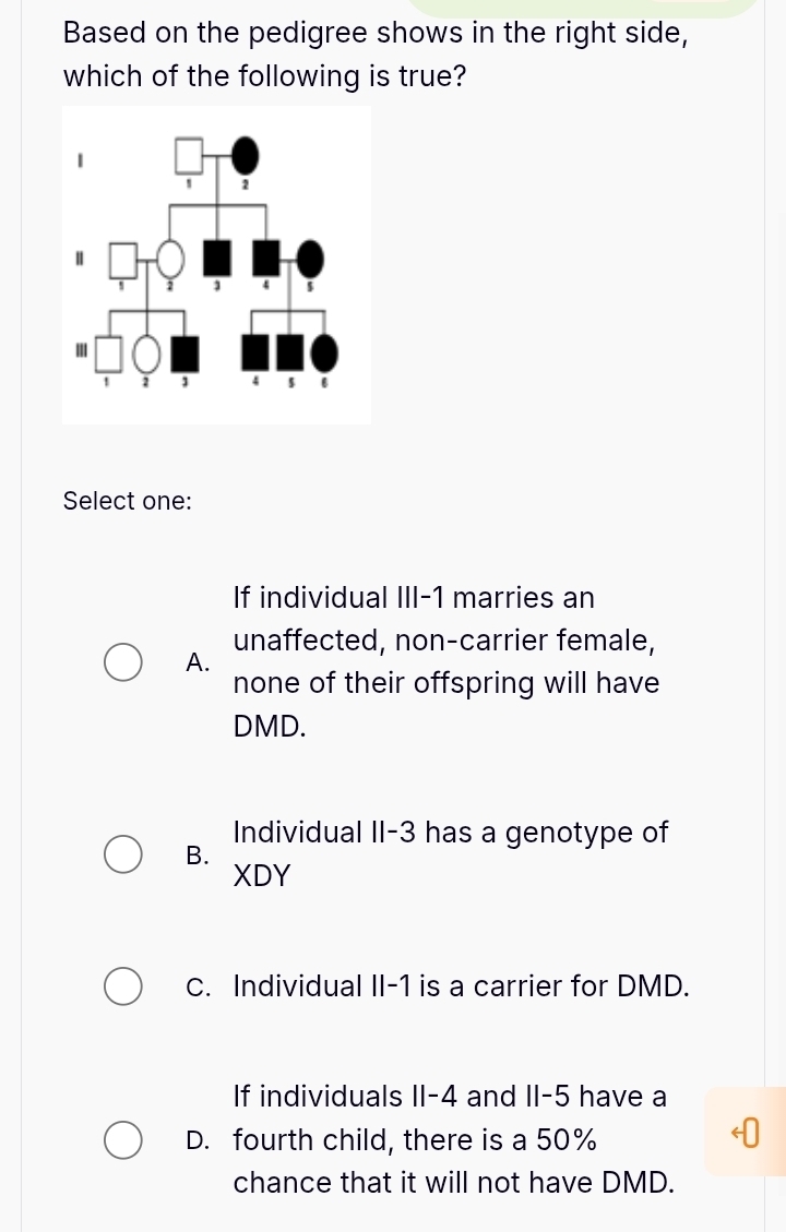 Based on the pedigree shows in the right side,
which of the following is true?
Select one:
If individual III-1 marries an
unaffected, non-carrier female,
A.
none of their offspring will have
DMD.
Individual II-3 has a genotype of
B.
XDY
C. Individual II-1 is a carrier for DMD.
If individuals II -4 and II -5 have a
D. fourth child, there is a 50%
chance that it will not have DMD.