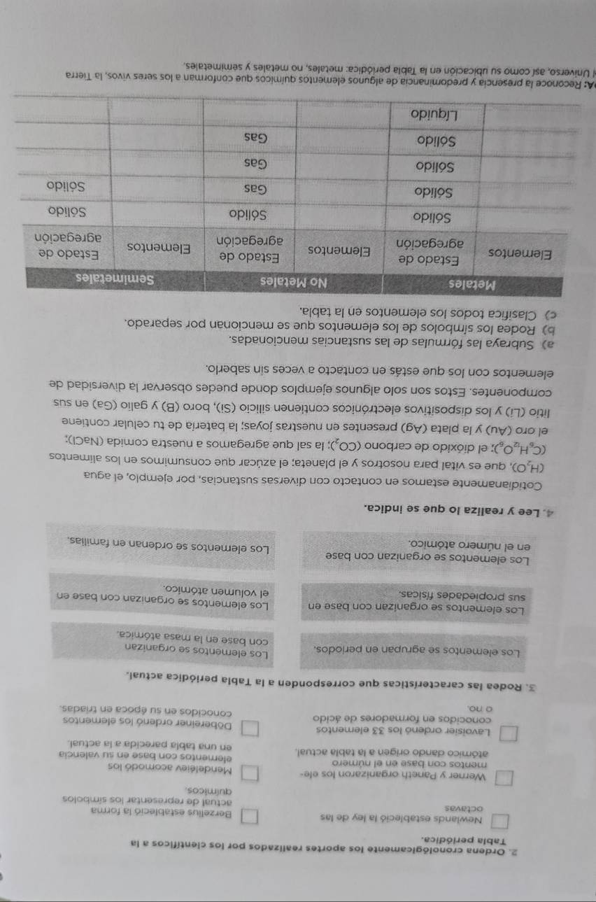 Ordena cronológicamente los aportes realizados por los científicos a la
Tabla periódica.
Newlands estableció la ley de las Berzelius estableció la forma
octavas actual de representar los símbolos
químicos.
Werner y Paneth organizaron los ele- Mendeléiev acomodó los
mentos con base en el número elementos con base en su valencia
atómico dando origen a la tabla actual. en una tabla parecida a la actual.
Lavoisier ordenó los 33 elementos Döbereiner ordenó los elementos
conocidos en formadores de ácido conocidos en su época en triadas.
a no.
3. Rodea las características que corresponden a la Tabla periódica actual.
Los elementos se organizan
Los elementos se agrupan en periodos. con base en la masa atómica.
Los elementos se organizan con base en
Los elementos se organizan con base en el volumen atómico.
sus propiedades físicas.
Los elementos se organizan con base Los elementos se ordenan en familias.
en el número atómico.
4. Lee y realiza lo que se indica.
Cotidianamente estamos en contacto con diversas sustancias, por ejemplo, el agua
(H_2O) , que es vital para nosotros y el planeta; el azúcar que consumimos en los alimentos
(C_6H_12O_6); el dióxido de carbono (CO_2); la sal que agregamos a nuestra comida (NaCl):
el oro (Au) y la plata (Ag) presentes en nuestras joyas; la batería de tu celular contiene
litio (Li) y los dispositivos electrónicos contienen silicio (Si), boro (B) y galio (Ga) en sus
componentes. Estos son solo algunos ejemplos donde puedes observar la diversidad de
elementos con los que estás en contacto a veces sin saberlo.
a) Subraya las fórmulas de las sustancias mencionadas.
b) Rodea los símbolos de los elementos que se mencionan por separado.
c) Clasifica todos los elementos en la tabla.
DA: Reconoce la presencia y predominancia de algunos elementos químicos que conforman a los seres vivos, la Tierra
el Universo, así como su ubicación en la Tabla periódica: metales, no metales y sémimetales.