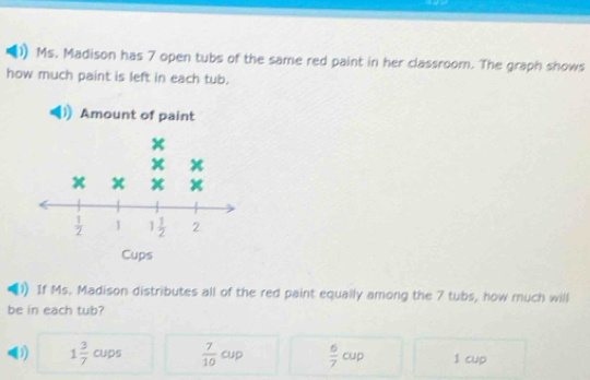 Ms. Madison has 7 open tubs of the same red paint in her classroom. The graph shows
how much paint is left in each tub.
Amount of paint
If Ms. Madison distributes all of the red paint equally among the 7 tubs, how much will
be in each tub?
D) 1 3/7 cups  7/10 cup  6/7 cup 1 cup