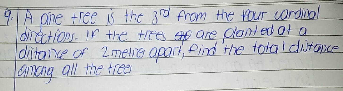 A pine tree is the 3^(10) from the four cardinal 
directions. If the trees are planted at a 
distance of 2 metre apart, find the total distance 
amlong all the free