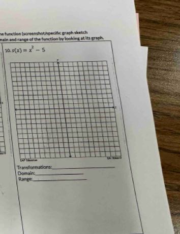 he function (screenshot/specific graph sketch 
main and range of the function by looking at its graph. 
10 s(x)=x^2-5
Transformations:_ 
Domain_ 
Range_