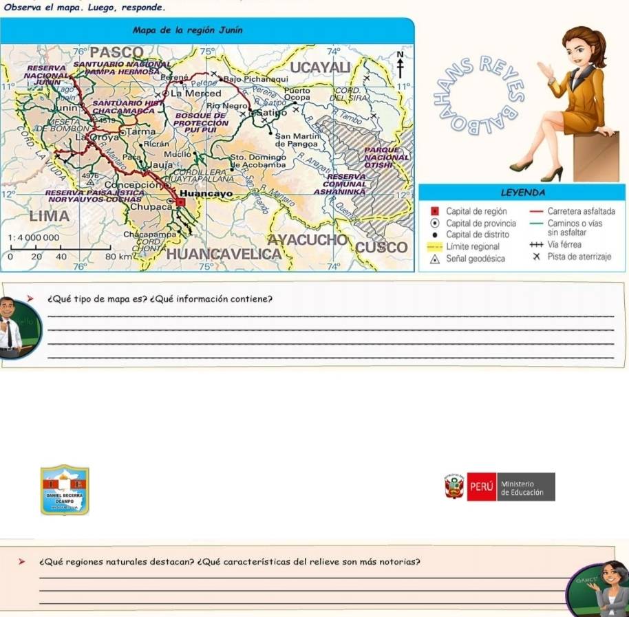 Observa el mapa. Luego, responde.
12°
a
0
¿Qué tipo de mapa es? ¿Qué información contiene?
_
_
_
_
PERÚ Ministerio
DANIEL BECERRA OCAMPO de Educación
¿Qué regiones naturales destacan? ¿Qué características del relieve son más notorias?
_
_
_