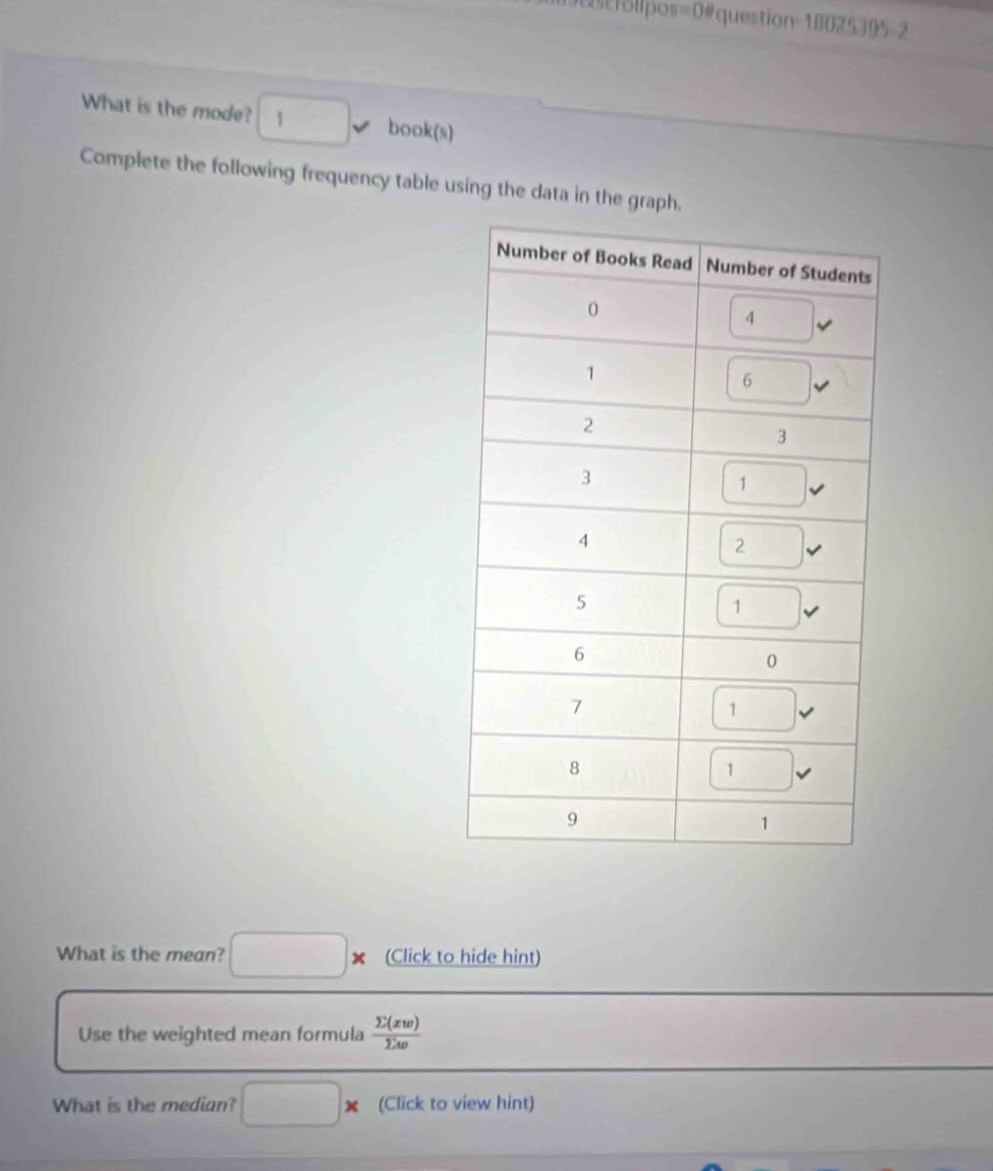 [8llpos=0#question-18025395-2
What is the mode? □ vee book(s)
Complete the following frequency table using the data in the graph.
What is the mean? □ * (Click to hide hint)
Use the weighted mean formula  sumlimits (xw)/sumlimits w 
What is the median? □ * (Click to view hint)