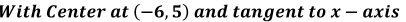 With Center at (-6,5) and tangent to x-a xis