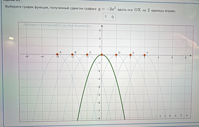 Выберите граφик φункции, лолученный сдвигом граφика y=-3x^2 вдоль оси ОΧ на 2 единицы влраво. 
？ 。