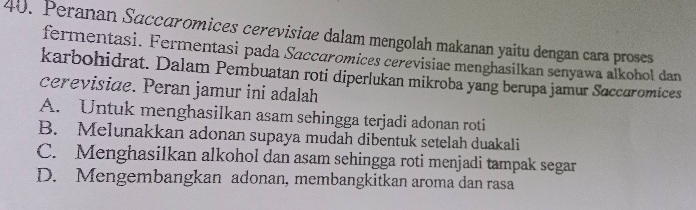 Peranan Sáccáromices cerevisiæe dalam mengolah makanan yaitu dengan cara proses
fermentasi. Fermentasi pada Sɑccaromices cerevisiae menghasilkan senyawa alkohol dan
karbohidrat. Dalam Pembuatan roti diperlukan mikroba yang berupa jamur Saccaromices
cerevisiæe. Peran jamur ini adalah
A. Untuk menghasilkan asam sehingga terjadi adonan roti
B. Melunakkan adonan supaya mudah dibentuk setelah duakali
C. Menghasilkan alkohol dan asam sehingga roti menjadi tampak segar
D. Mengembangkan adonan, membangkitkan aroma dan rasa