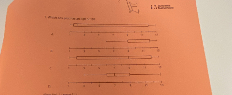 Mathematics Mustrative 
7. Which box plot has an IQR of 10? 
A. 
B. 
C 
D.