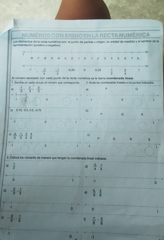 NUMÉROS CON SIGNO En la RECTA NUMÉRICA 
Los elementos de la recta numérica son: el punto de partida u origen, la unidad de medida y el sentido de la 
representación (positivo o negativo).
-1  (-3)/4   (-1)/2  -0.25 0 0.25  1/2   3/4  1 
Al número asociado con cada punto de la recta numérica se le llama coordenada lineal. 
1. Escribe en cada círculo el número que corresponda. 2. Anota las coordenadas lineales a los puntos indicados 
a)  (-1)/3 ·  2/3 ·  (-2)/3 ·
a) P Q
-1 0 -1 0 1
b) 0.75, -0.5, 0.5, -0.75 b) 
P Q R
-1 0 1 -1 1
c)  (-3,)/5  (-1,)/5  2/5  4/5 
c) 
P Q R s
-1 0 1 -1 1
3. Coloca los númerôs de manera que tengan la coordenada lineal indicada. 
a)  1/2   (-3)/4 ,  (-1)/4 
d)
4
0
1 -1
0
b) - 2/3 , - 1/3  e)  (5,)/6  2/6 
-1
0 0
1
c - 3/5 , - 1/5 
1)  (-7)/8 , - 3/8 
-1
0 -1