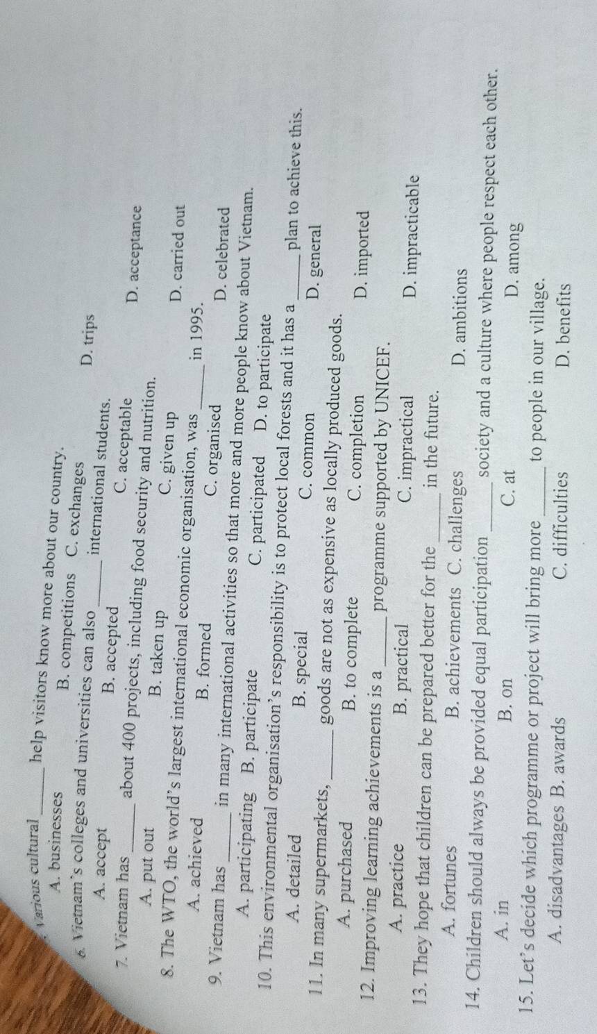 Various cultural _help visitors know more about our country.
A. businesses B. competitions C. exchanges D. trips
Vietnam’s colleges and universities can also_ international students.
A. accept B. accepted C. acceptable D. acceptance
7. Vietnam has _about 400 projects, including food security and nutrition.
A. put out B. taken up D. carried out
C. given up
8. The WTO, the world’s largest international economic organisation, was_ in 1995.
A. achieved B. formed C. organised D. celebrated
9. Vietnam has _in many international activities so that more and more people know about Vietnam.
A. participating B. participate C. participated D. to participate
10. This environmental organisation’s responsibility is to protect local forests and it has a _plan to achieve this.
A. detailed B. special C. common D. general
11. In many supermarkets, _goods are not as expensive as locally produced goods.
A. purchased B. to complete C. completion D. imported
12. Improving learning achievements is a_ programme supported by UNICEF.
A. practice B. practical C. impractical D. impracticable
13. They hope that children can be prepared better for the _in the future.
A. fortunes B. achievements C. challenges D. ambitions
14. Children should always be provided equal participation_ society and a culture where people respect each other.
A. in B. on C. at D. among
15. Let’s decide which programme or project will bring more_ to people in our village.
A. disadvantages B. awards C. difficulties D. benefits