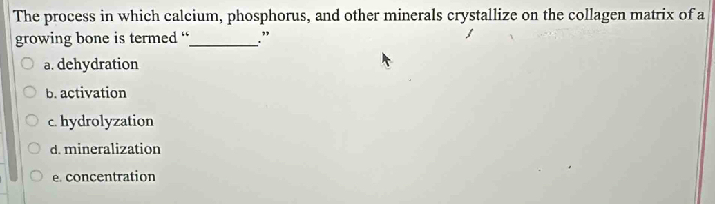 The process in which calcium, phosphorus, and other minerals crystallize on the collagen matrix of a
growing bone is termed “_ .”
a. dehydration
b. activation
c. hydrolyzation
d. mineralization
e. concentration