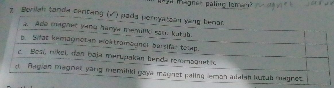 gaya magnet paling lemah? 
7. Berilah tanda centan