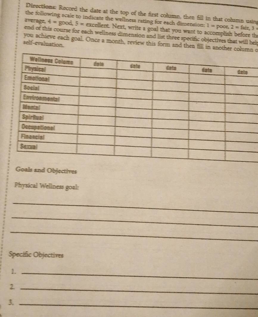 Directions: Record the date at the top of the first column, then fill in that column using 
the following scale to indicate the wellness rating for each dimension: 1= poor, 2=fair, 3=
average, 4=good. 5= excellent. Next, write a goal that you want to accomplish before the 
end of this course for each wellness dimension and list three specific objectives that will hei 
you achieve each goal. Once a month, review this form and then fill in another con o 
self-evaluation. 
Goals and Objectives 
Physical Wellness goal: 
_ 
_ 
_ 
Specific Objectives 
1._ 
2._ 
3._