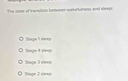 The state of transition between wakefulness and sleep:
Stage 1 sleep
Stage 4 sleep
Stage 3 sleep
Stage 2 sleep