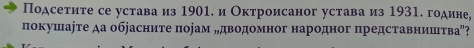 Подсетите се устава из 1901. и Октроисаног устава из 1931. године, 
покушаjте да обjасните порам „дводомног народног представништва”?